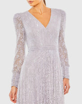 Purple Beaded Lace Long Sleeve Wrap Over Gown - FINAL SALE